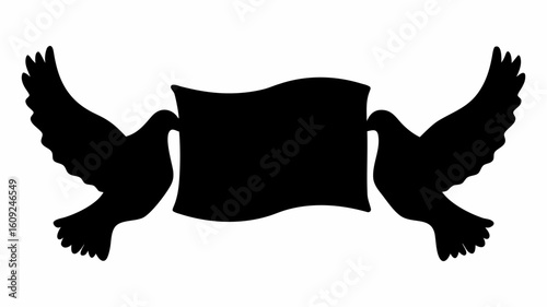 Two doves holding a banner in their beaks with wings spread out in a black silhouette design vector | editable eps vectors