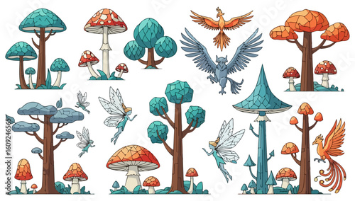 Fantasy Forest Vector with Glowing Mushrooms & Fairies