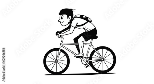 Cyclist Silhouette Riding Bicycle With Backpack Against White Background
