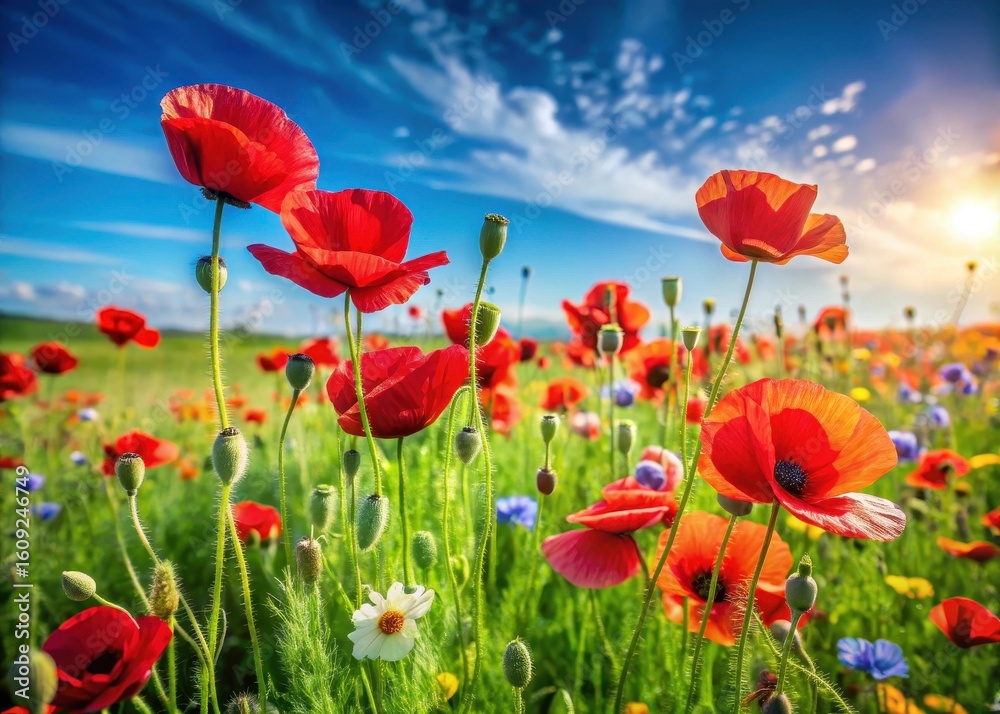 Obraz premium Vibrant red and cream poppies sway gently in a warm summer breeze amidst lush green grass and wildflowers in a picturesque field with clear blue sky above