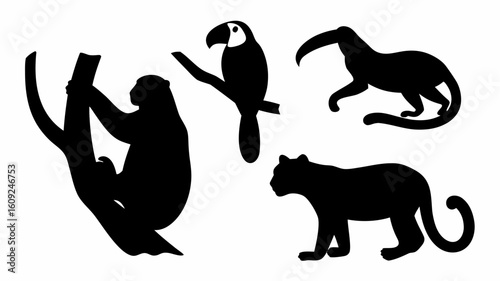 Silhouettes of a monkey on a tree, toucan on a branch, anteater, and jaguar on a white background | editable eps vectors