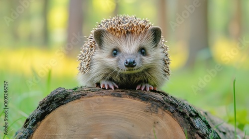 Hedgehog Exploring a Log in a Sunlit Forest During Springtime, Surrounded by ...