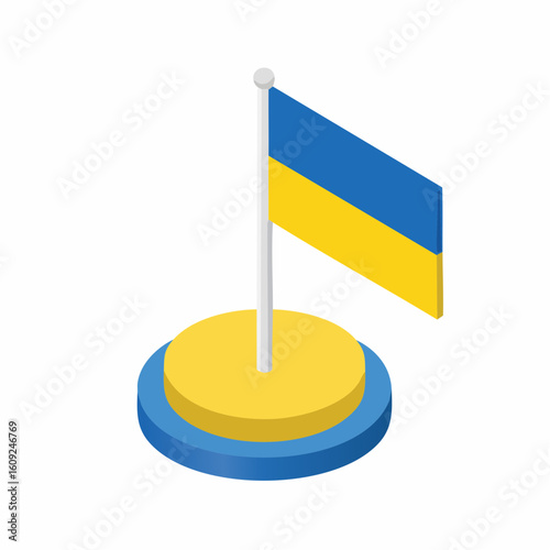 Ukrainian national flag in blue and yellow on tabletop pole in isometric vector style
