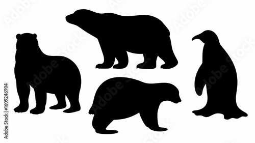 Silhouette illustration featuring three bears in various poses and a single penguin on a white background | editable eps vectors