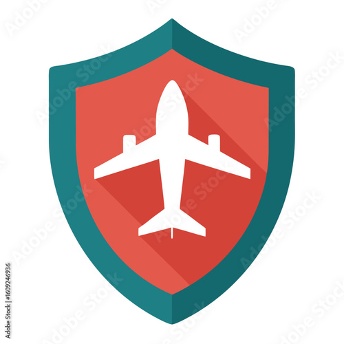 Flat shield icon featuring a stylized airplane inside presented on a clean white background for versatile design applications
