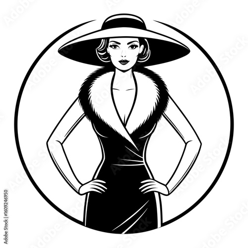 Black and white illustration of a woman in a wide brim hat and fur collar vector
