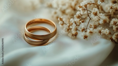 Golden Wedding Rings Resting on Soft Fabric Alongside Delicate White Flowers