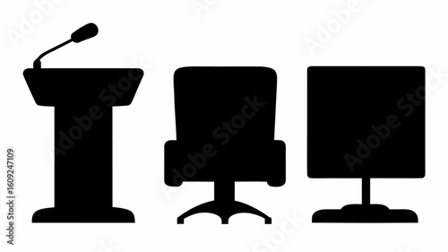 Silhouette of a podium with microphone chair and computer screen on a white background in black color | editable eps vectors