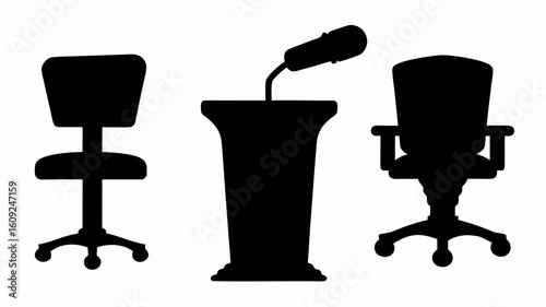 Silhouette illustration of a podium with microphone and two office chairs in a conference setting | editable eps vectors