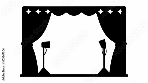 Silhouette illustration of a stage with curtains spotlights and stars creating a theatrical setting scene | editable eps vectors