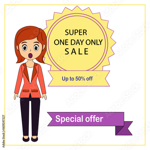 Cartoon woman with surprised expression next to sale announcement and special offer banner shocked