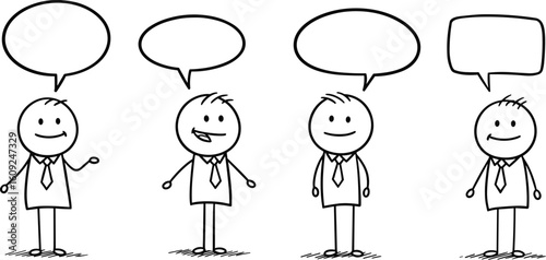 Cartoon stickman characters with speech bubbles, hand drawn business doodle talking scene, sketch illustration for communication, chat, teamwork concept