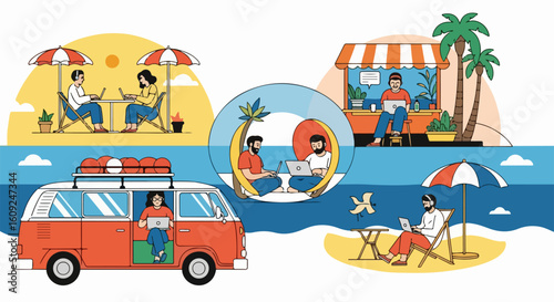 Stylized Remote Work Vector Set in Varied Environments