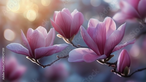 Beautiful Pink Magnolia Flowers Blooming in Soft Sunlight During Springtime.