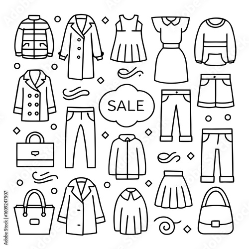 Collection of clothing items and accessories with sale tag in outline style fashion shopping
