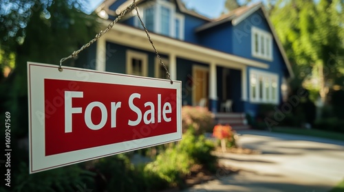 Charming Blue House With for Sale Sign in a Serene Neighborhood Surrounded by...