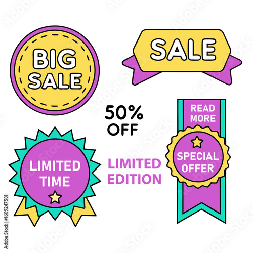 Collection of colorful sale and offer badges with text and icons big sale limited time