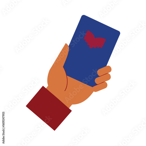 Illustration of a hand firmly clutching a passport with blue and burgundy covers against a white background