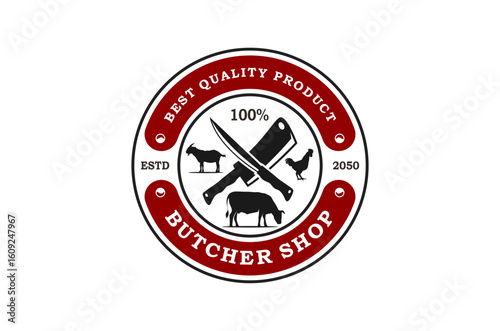 Butcher shop logo design, featuring crossed knives, a goat, chicken, and cow. Vector illustration.