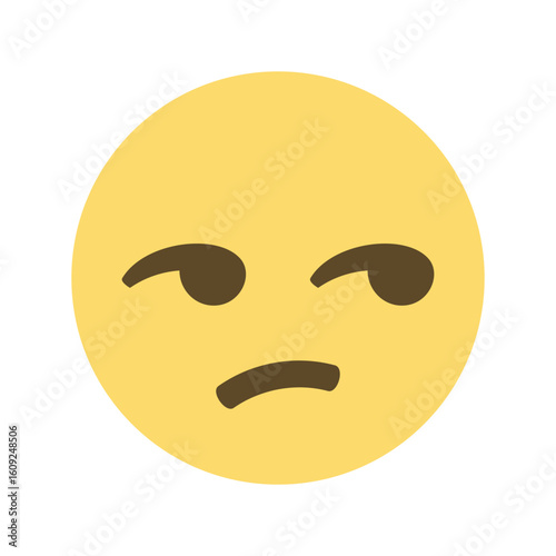 Yellow emoji with a skeptical expression featuring furrowed brow and a raised eyebrow on a white background
