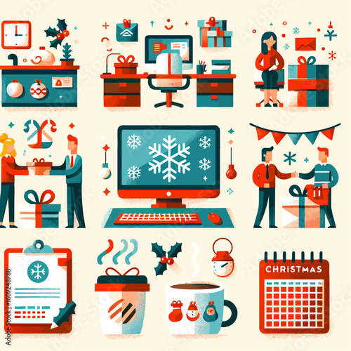 Festive Christmas Office Workspace with Decorated Desk Computer Gifts and Holiday Decorations