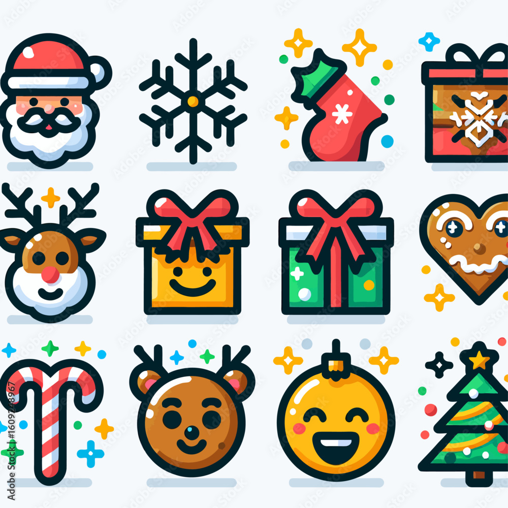 Festive Christmas Icons Collection Featuring Santa Reindeer Presents Stocking Heart Tree in Bright Colors Festive Christmas Icons Collection Featuring Santa Reindeer Presents Stocking Heart Tree in Bright Colors