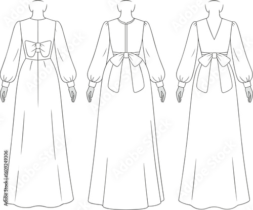 Flat vector CAD fashion illustration of long sleeve gown dress with bow back detail, technical drawing front and back views