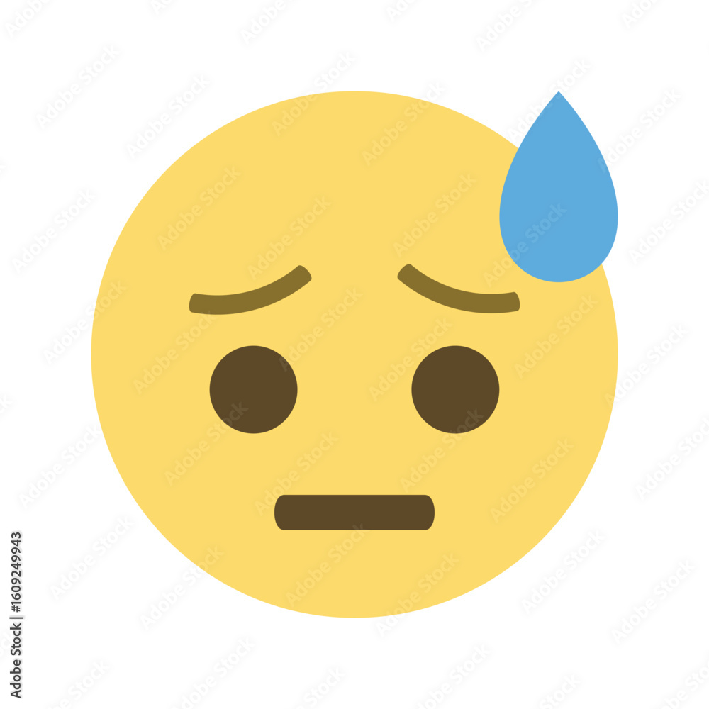 Fototapeta premium Illustration of a worried emoji with a blue sweat drop on its forehead on a white background