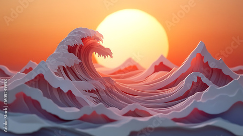 Fototapeta Naklejka Na Ścianę i Meble -  Sunset over stylized paper cut wave and mountain shapes with warm orange and red tones creating dramatic and artistic ocean scene