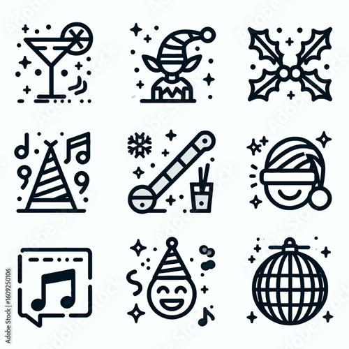 Set of Christmas Holiday Celebration Icons in Line Art Style