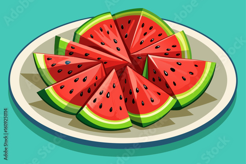 vector of Fresh red juicy watermelon slices on plate, top view. Fresh summer fruit snack. Sticks in hot weather...