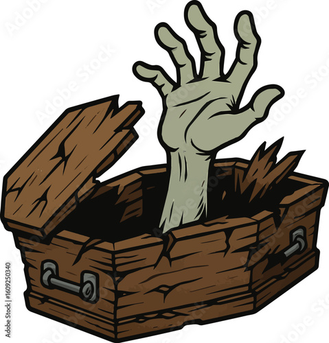 Zombie hand from coffin flat vector icon illustration for sticker, logo, book, t-shirt and more print or digital design