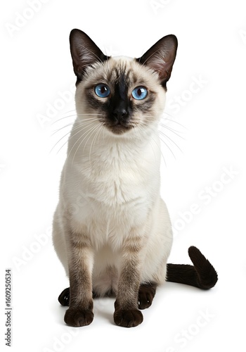 Siamese cat sitting on white background