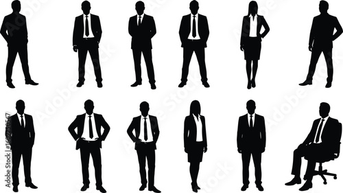 Silhouette of business professionals in suits, men and women standing and sitting, corporate attire, teamwork concept, office pose collection