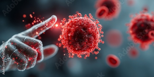 Futuristic transparent hand reaching toward glowing red virus or cell in a digital medical and scientific concept