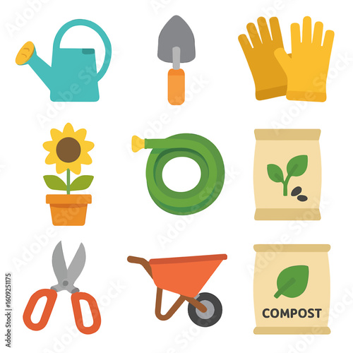 Set of Gardening Tools and Supplies for Planting and Composting