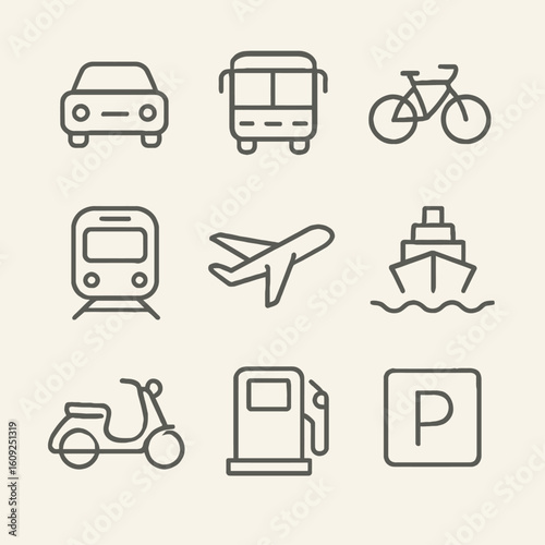 Collection of Transportation Icons Including Car Bus Bicycle Train Airplane Ship Scooter Gas Station Parking