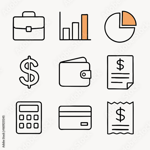 Financial Icons Set with Briefcase Bar Chart Dollar Wallet Document Calculator Credit Card Receipt