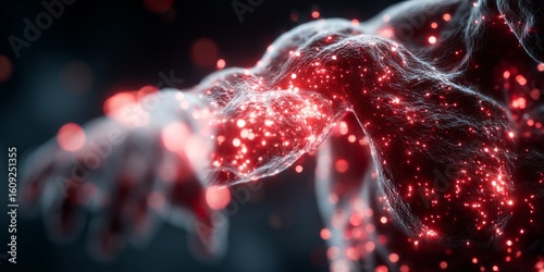 Futuristic visualization of human arm with glowing red particles representing nerves or energy flow