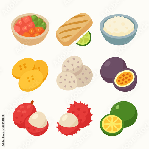 Assorted Asian Food Ingredients Illustration with Fresh Vegetables and Fruits