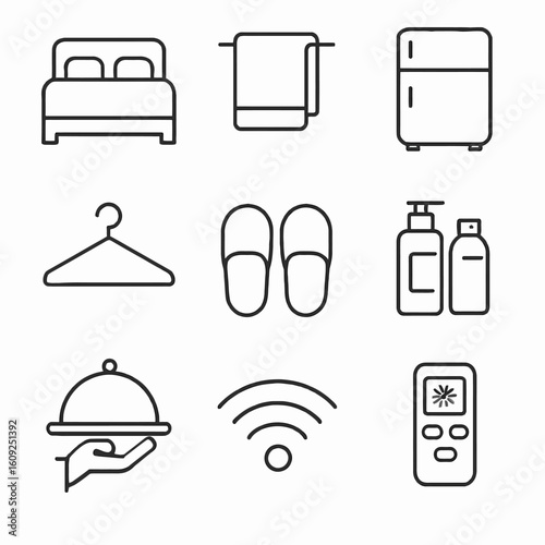 Minimalist Home Essentials Icons Set of Bed Towels Refrigerator Hanger Slippers Toiletries Wireless Remote Control