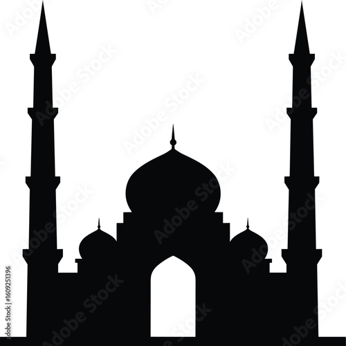 Silhouette of iconic mosque, Islamic architecture, Taj Mahal style structure with domes and minarets, isolated on white background