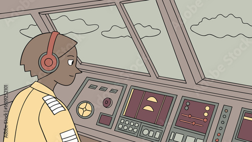 Illustration of a pilot in the cockpit with a headset looking at the controls and the clouds outside