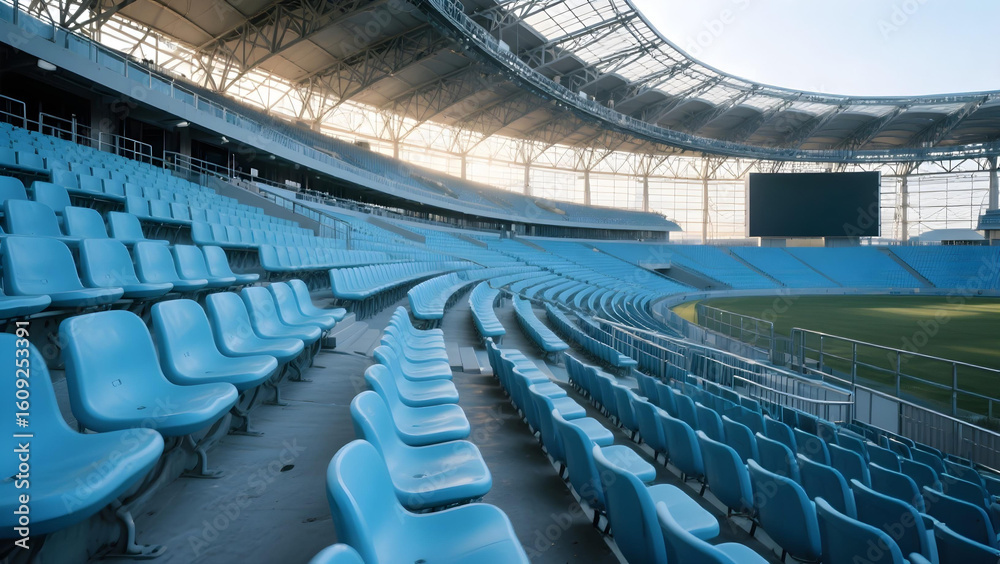 Obraz premium Wide-angle view of light blue stadium seats in tiered rows under a geometric steel roof, softly lit. 