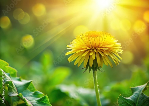 Fresh dandelion flower bud with soft yellow petals and delicate green stem emerging from a leafy base in a bright sunlight scene