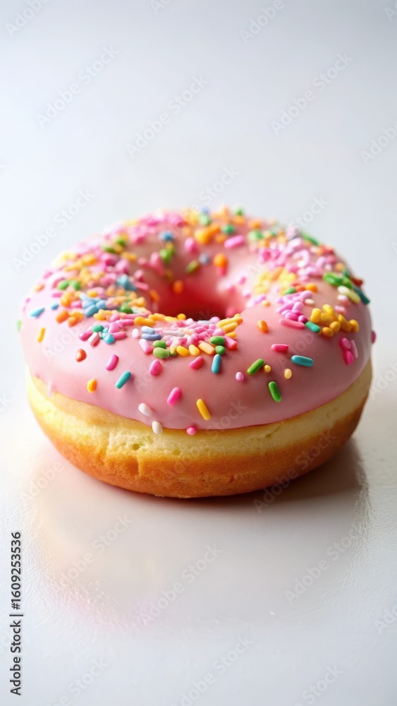 Pastel pink frosted donut with vibrant colorful sprinkles covering its surface Pastel pink frosted donut with vibrant colorful sprinkles covering its surface