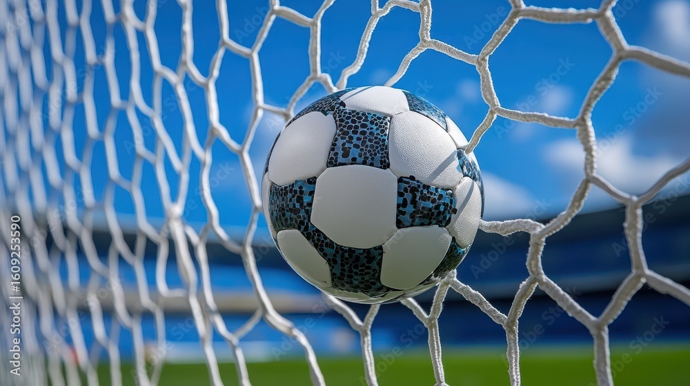 Naklejka premium A Soccer Ball In a soccer goal net in a big stadium