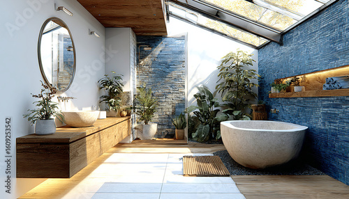 Fototapeta Naklejka Na Ścianę i Meble -  Private oasis: bathroom with a sunroof and garden views, offering a unique and rejuvenating bathing experience.