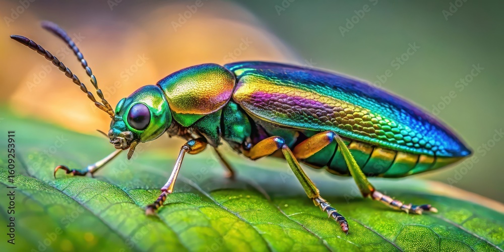 Fototapeta premium Detailed insect with metallic sheen and iridescent wings perched on a leaf