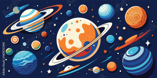 collection of blue planets and stars set against a dark background, creating a cosmic scene..eps